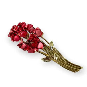 VTG Red Rose Bouquet Avon DM 97 Signed Metal Gold Tone Brooch Pin